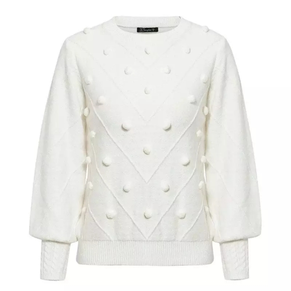 New White Pom Pom Pullover Sweater - Picture 6 of 7